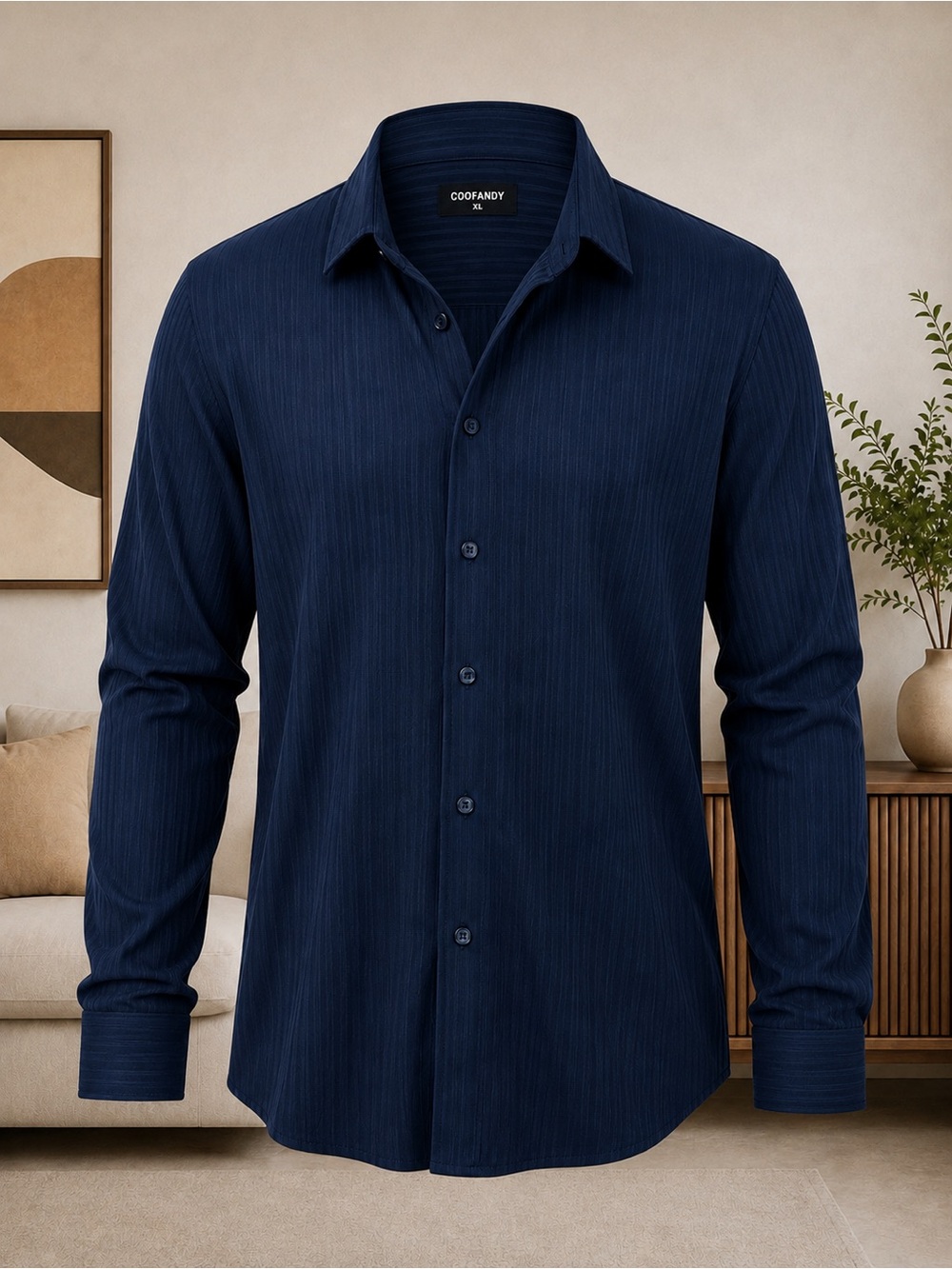 COOFANDY Men's Navy Textured Long Sleeve Button-Down Shirt